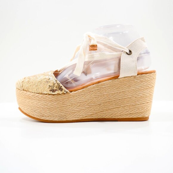 Silvia Cobos Handmade Gold Sequin Ankle Wrap 3" Platform Espadrilles - 9 NWOB - Picture 1 of 7